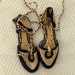 Schutz Blue & Tan Lace Up Woven Flats - 9.5